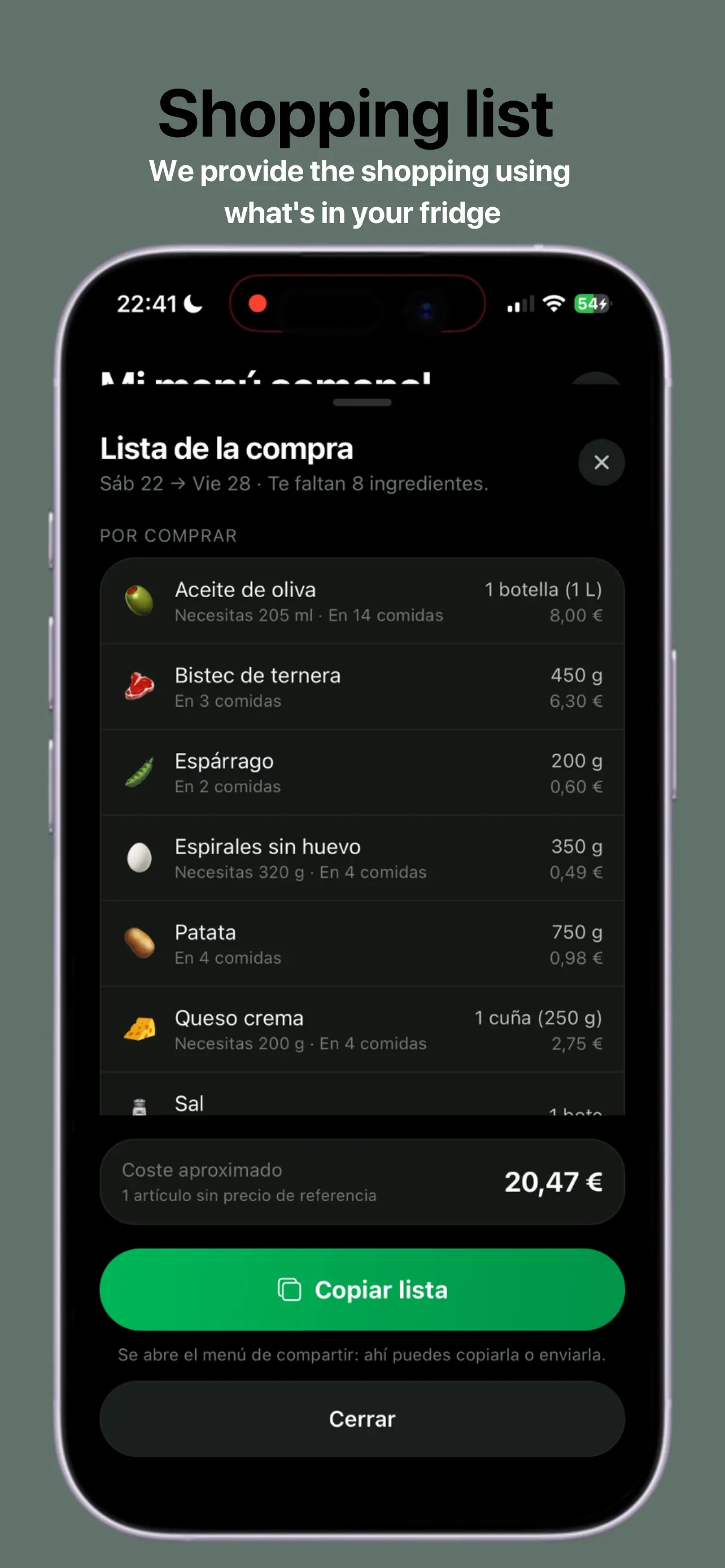 Comeloia smart shopping list screen generated automatically from your menu
