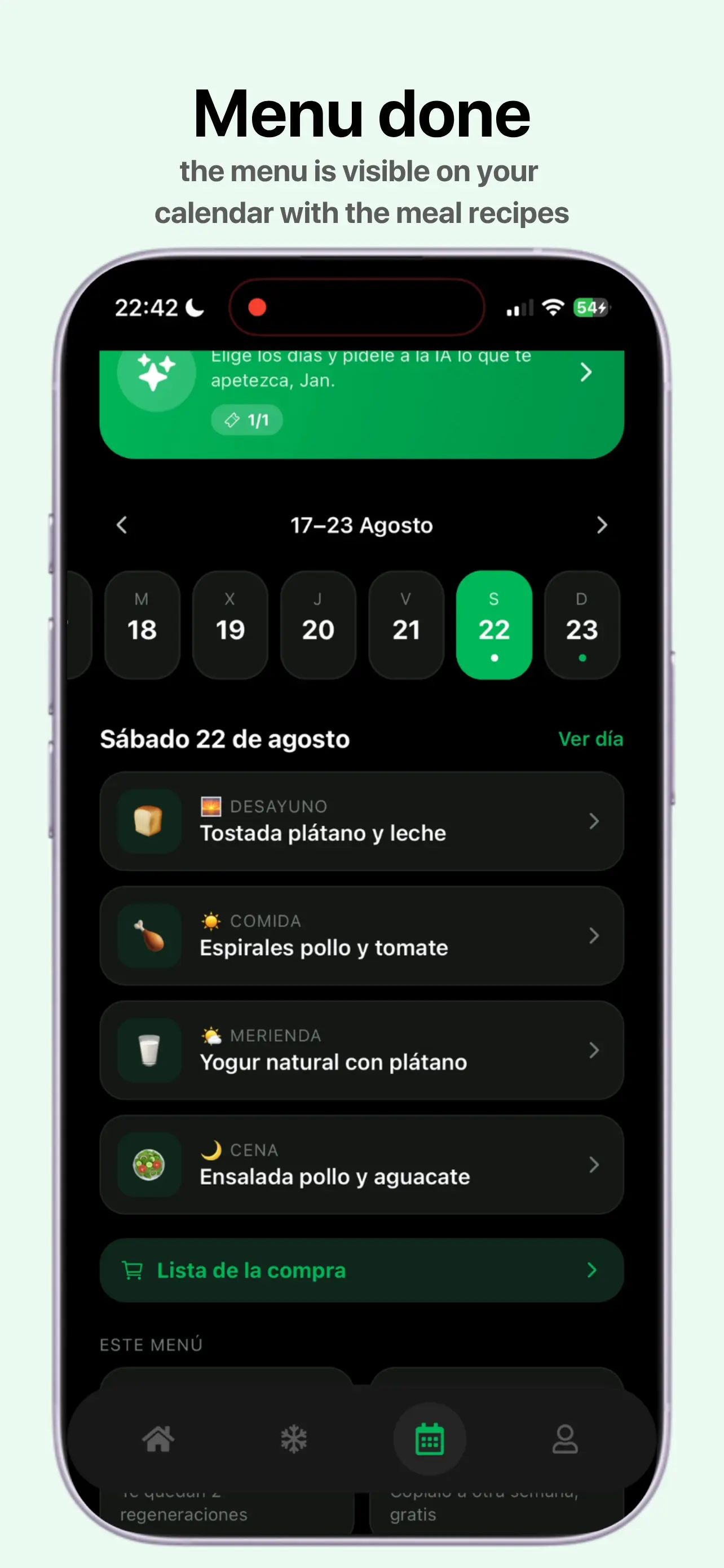 Comeloia weekly menu calendar screen