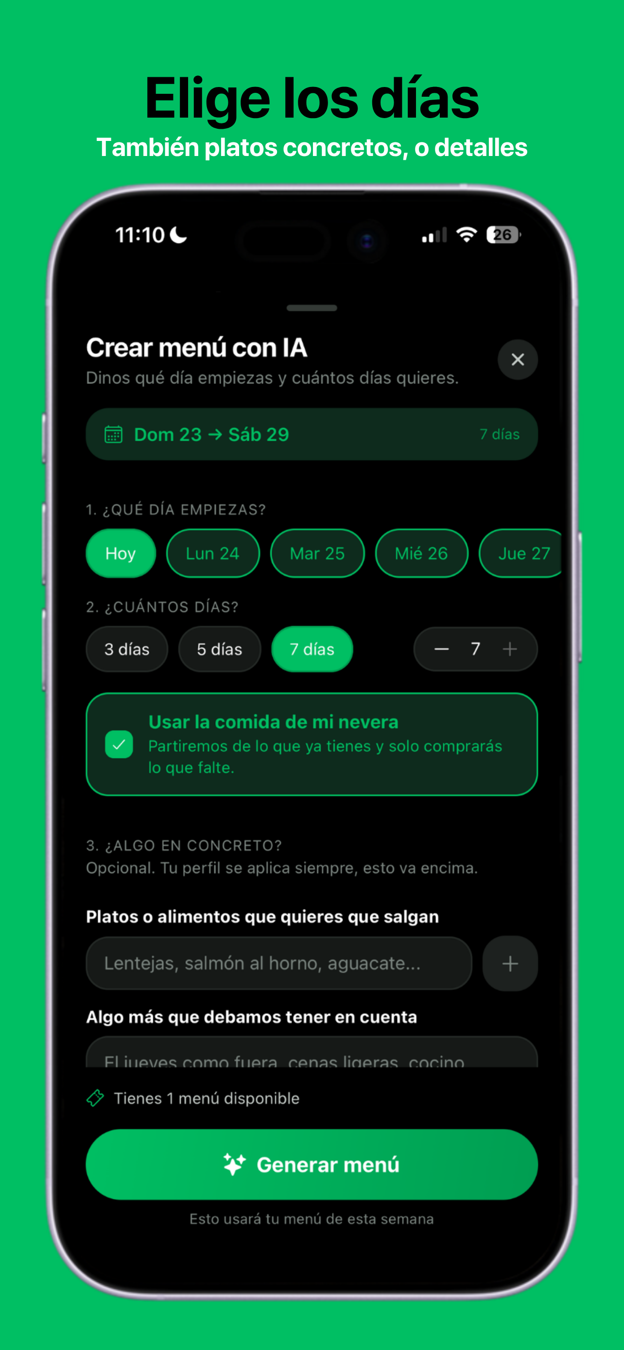 Pantalla del generador de menú con IA de Comeloia para elegir los días de tu menú semanal