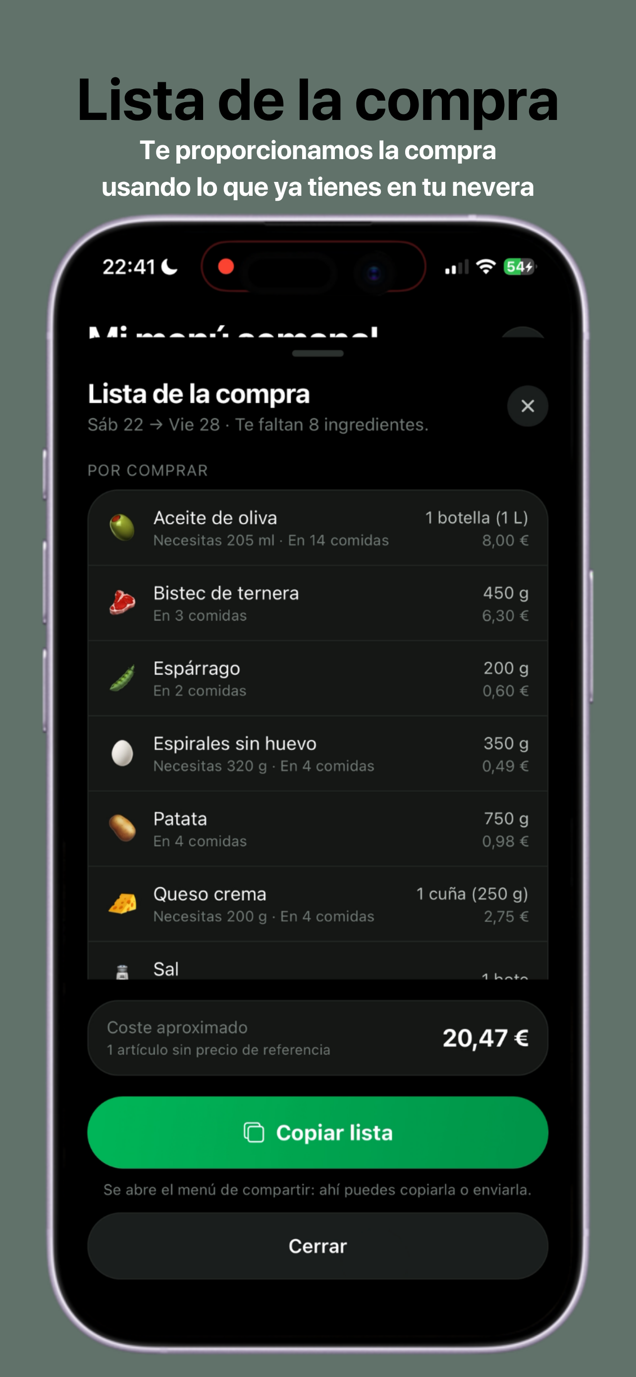 Pantalla de lista de la compra inteligente de Comeloia generada automáticamente