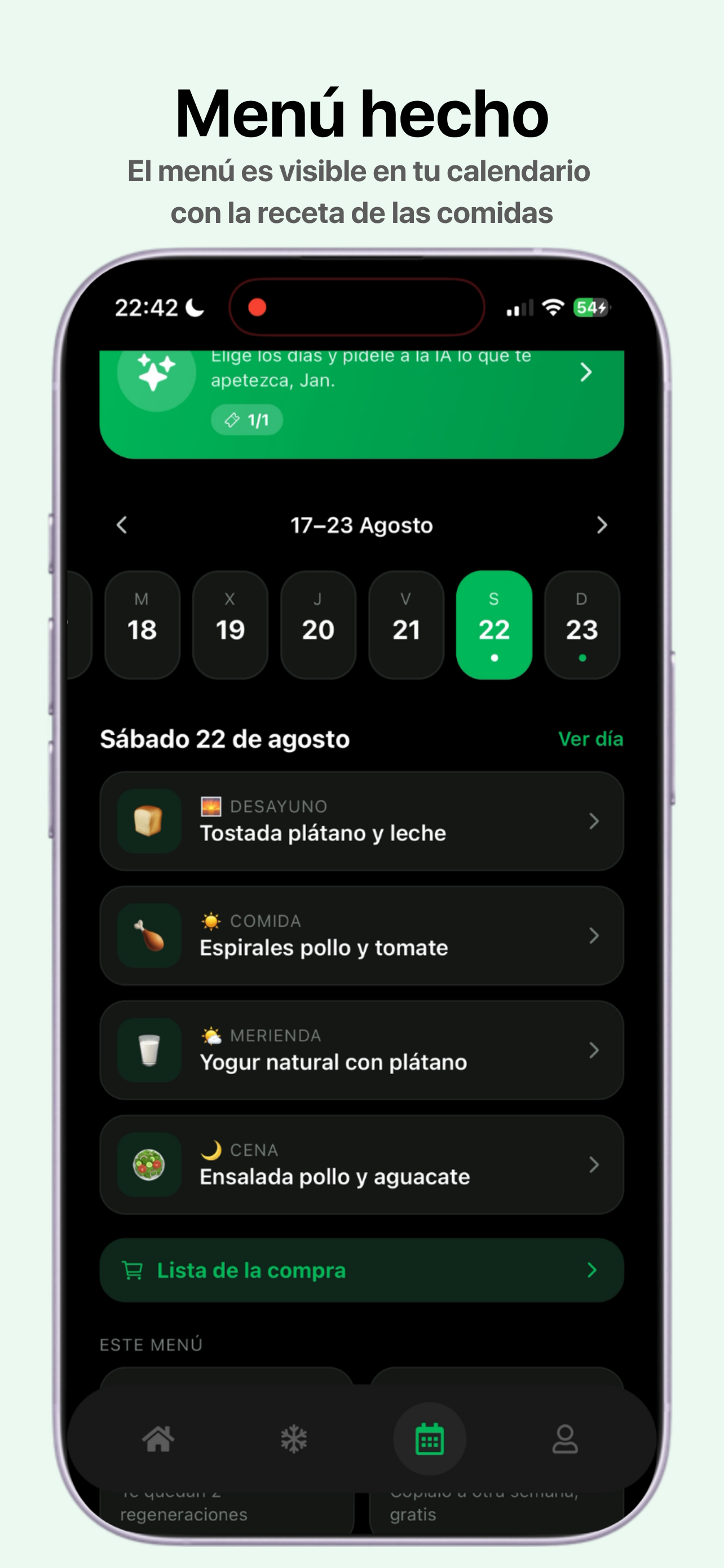 Pantalla del calendario semanal de menú de Comeloia
