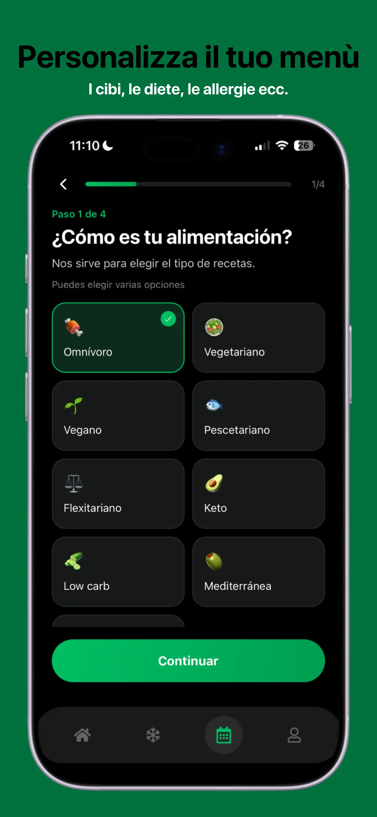 Schermata di configurazione iniziale di Comeloia per impostare il tuo menu e le preferenze alimentari